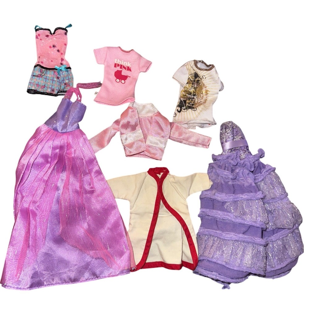 Vintage Fashion Doll Clothes Lot Purple Ruffle Dress Pink Gown Jacket 5pc Mixed